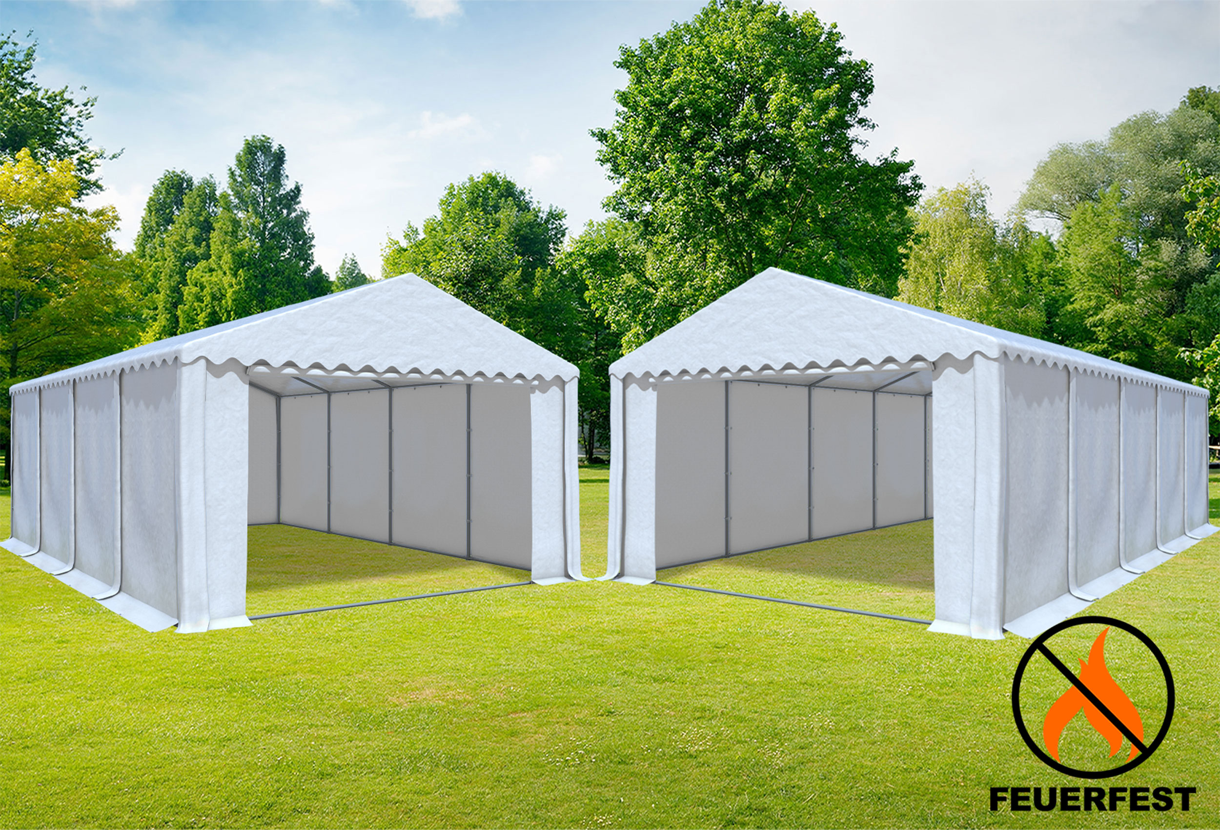 5x10 m 2in1 Kombizelt mit extra 5x8 m Dach, 2,6m Seitenhöhe PVC feuersicher weiß