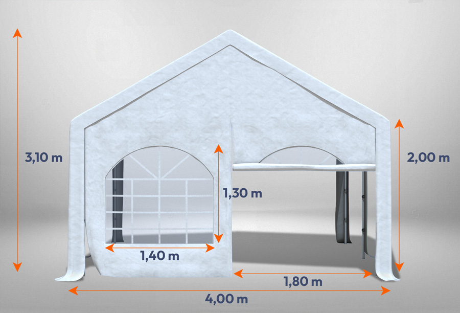Weißes Giebelteil mit Fenster und Tür 4m für Partyzelte der Modular Serie mitsamt Bemaßung