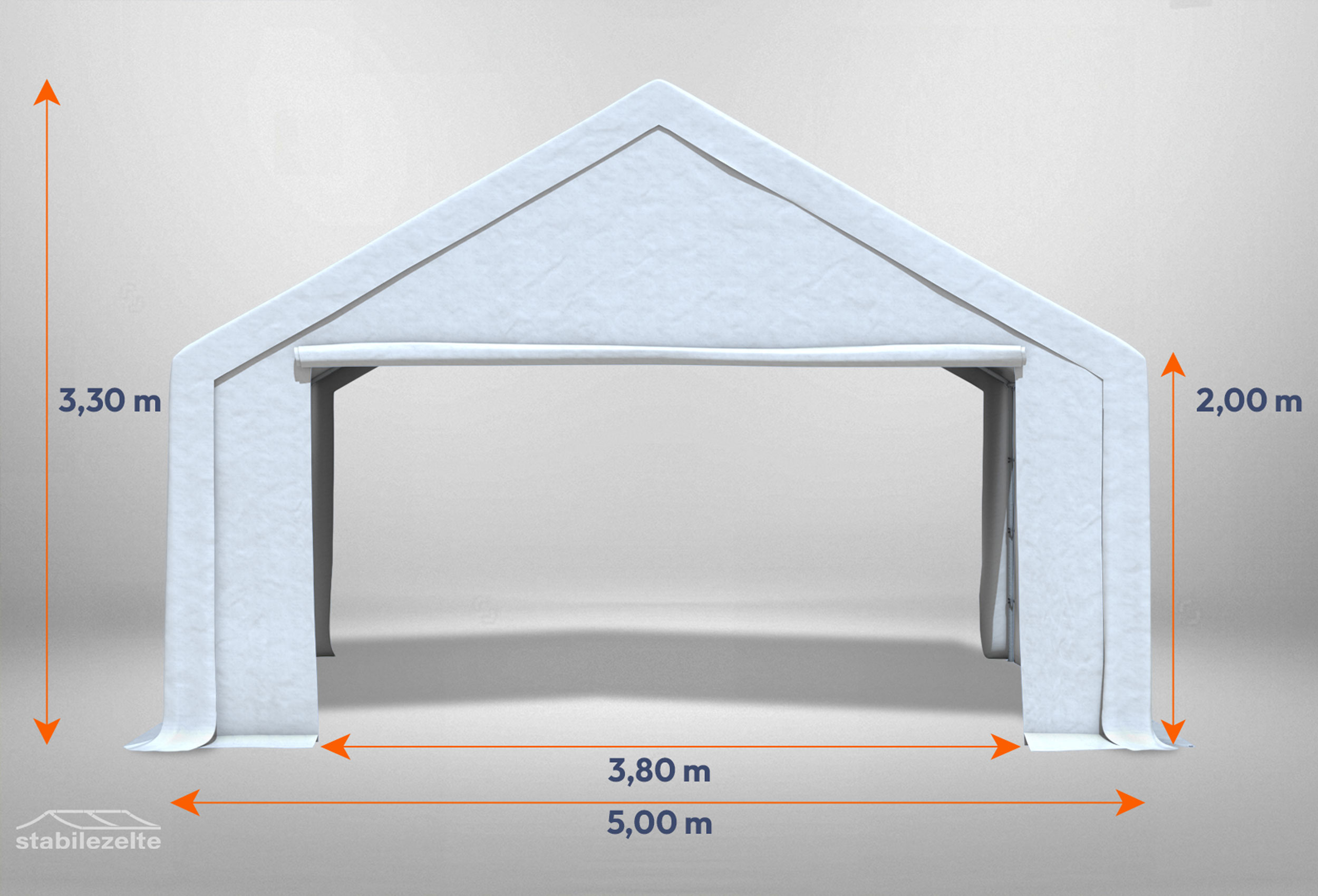 Weißes Giebelteil mit großer Tür 5m für Partyzelte der Modular Serie mitsamt Bemaßung