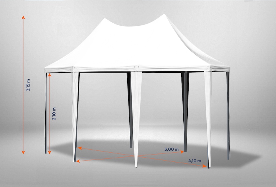 Weißer Gartenpavillon der Serie Arabica 3m x 4,1m ohne Seitenwände mit Bemaßung