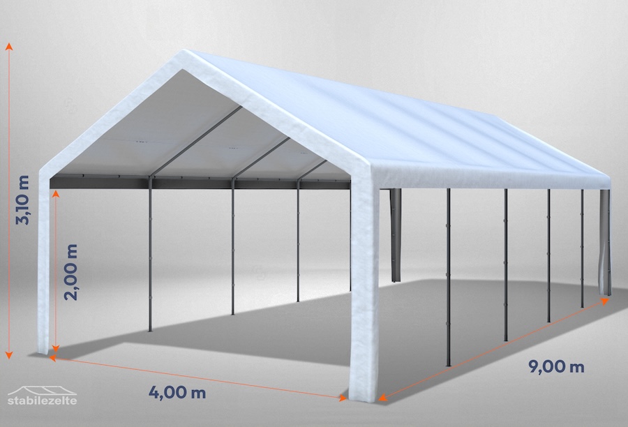 Weißes Partyzelt der Serie Classic 4m x 9m ohne Seitenteile mit Bemaßung