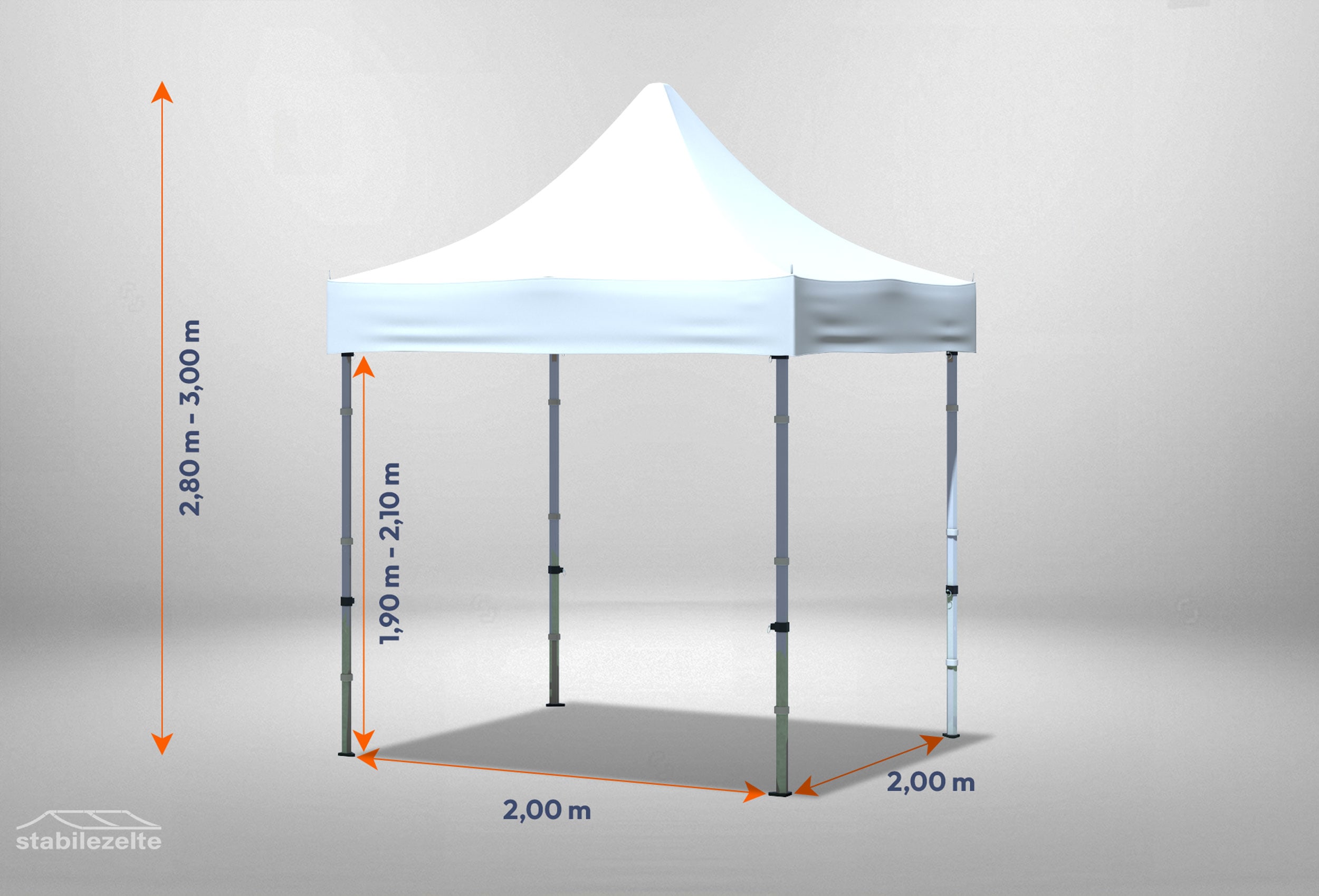 Weißer Faltpavillon ohne Seitenteile 2 x 2m mit Bemaßung