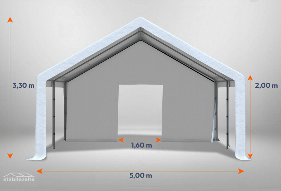 Weißes Giebelteil mit kleiner Tür 5m für Partyzelte der Modular Serie mitsamt Bemaßung