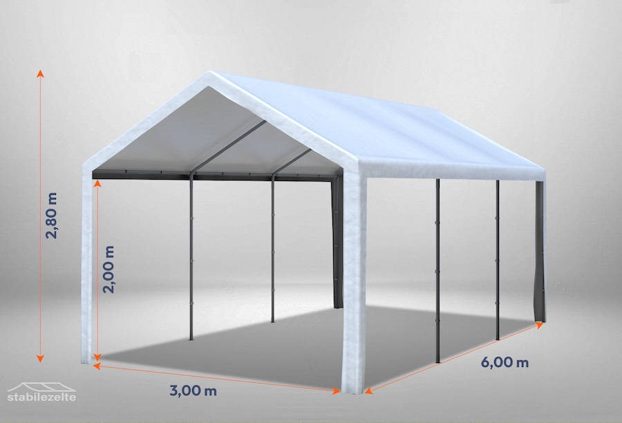 Weißes Partyzelt der Serie Classic 3m x 6m ohne Seitenteile mit Bemaßung