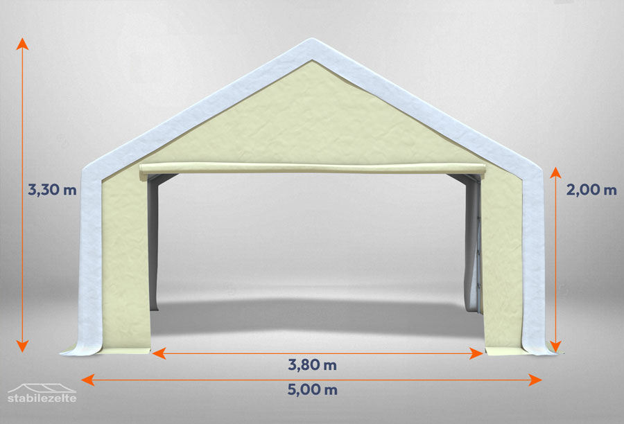 Beiges Giebelteil mit großer Tür 5m für Partyzelte der Modular Serie mitsamt Bemaßung
