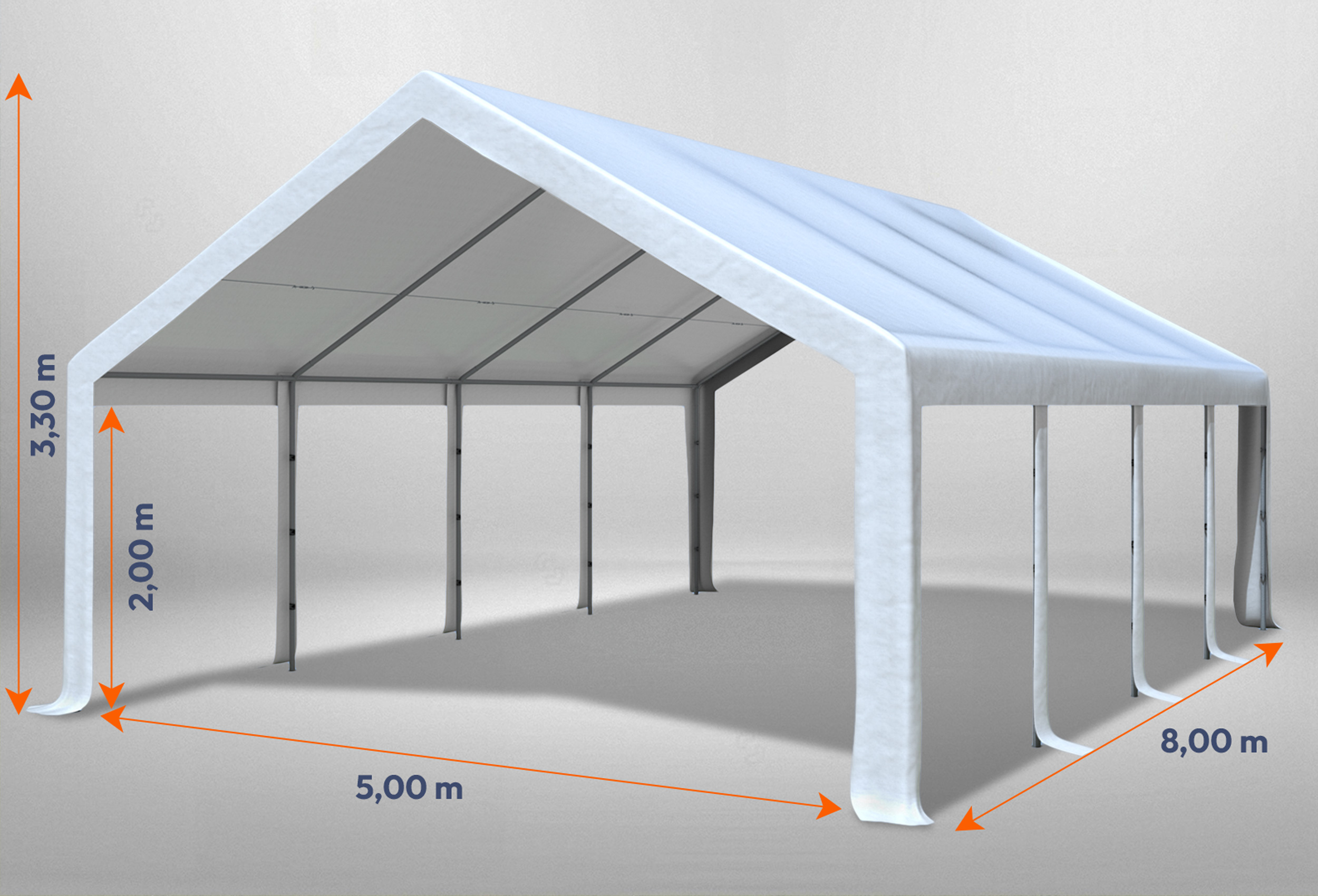 Weißes Partyzelt ohne Seitenteile der Modular Serie mitsamt Bemaßung 5 x 8m