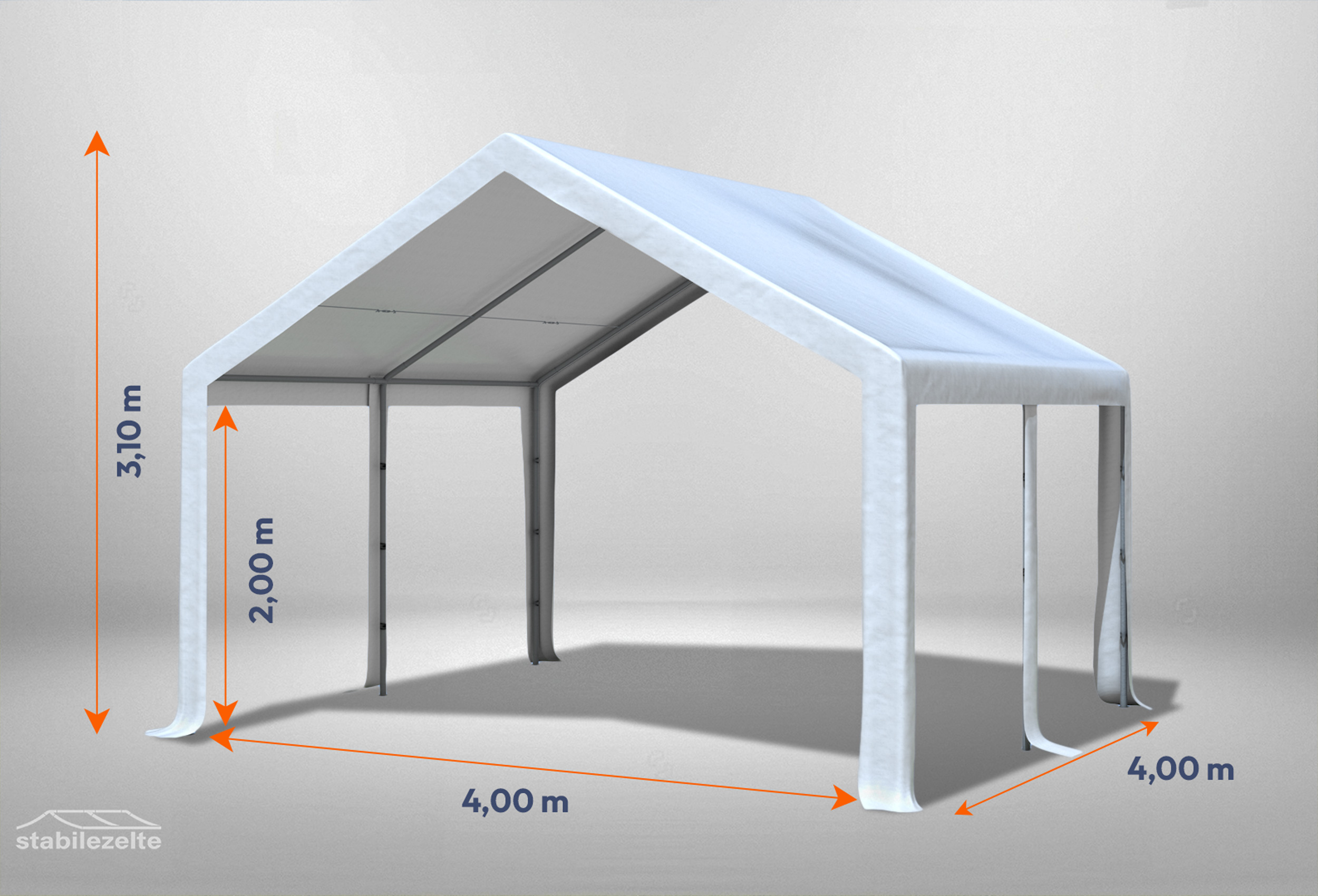 Weißes Partyzelt ohne Seitenteile der Modular Serie mitsamt Bemaßung 4 x 4m