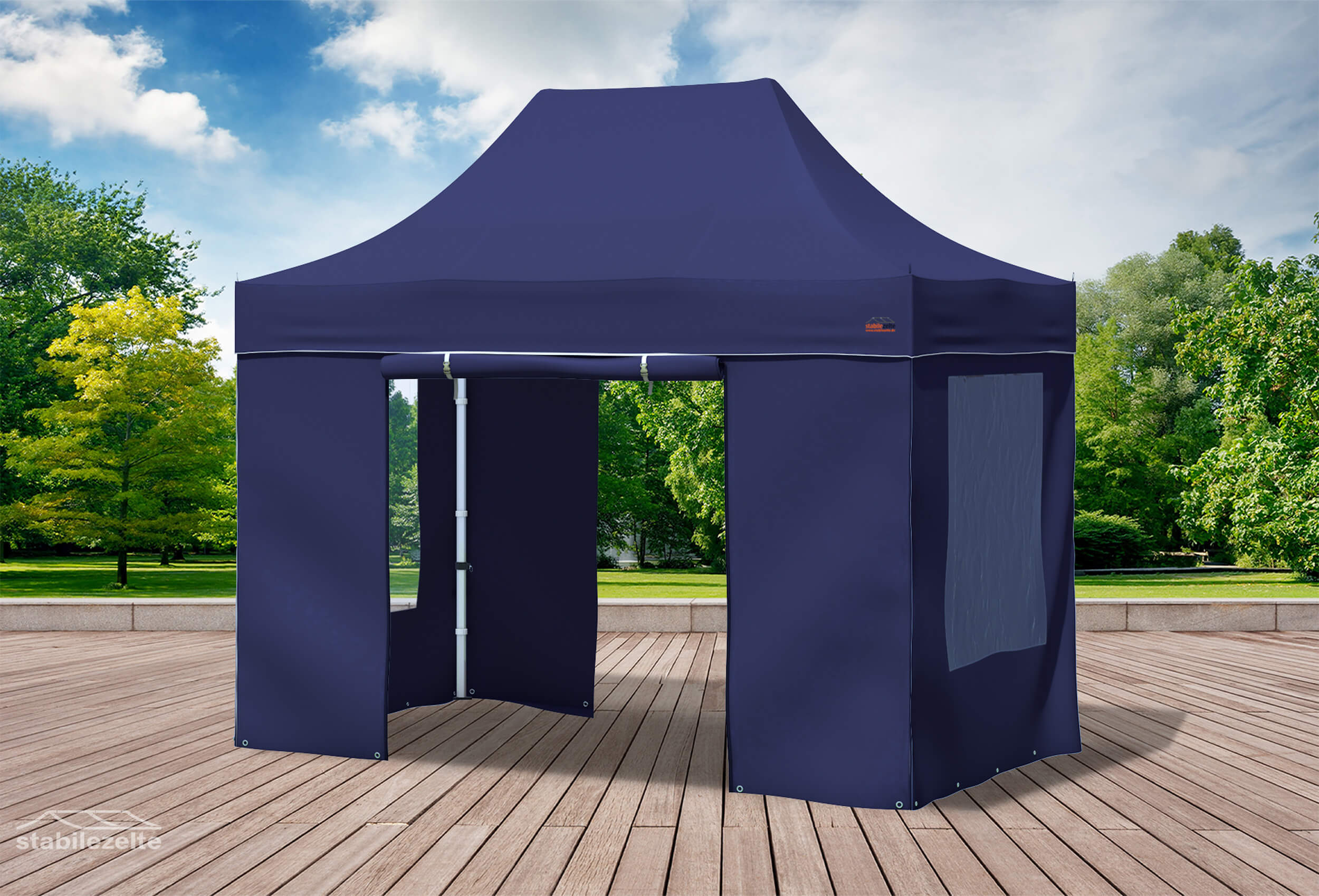 Blauer Faltpavillon mit Fenster und Türen 3 x 2m in einem Park