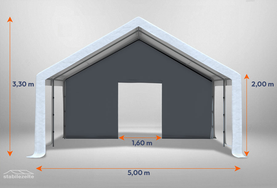Graues Giebelteil mit kleiner Tür 5m für Partyzelte der Modular Serie mitsamt Bemaßung