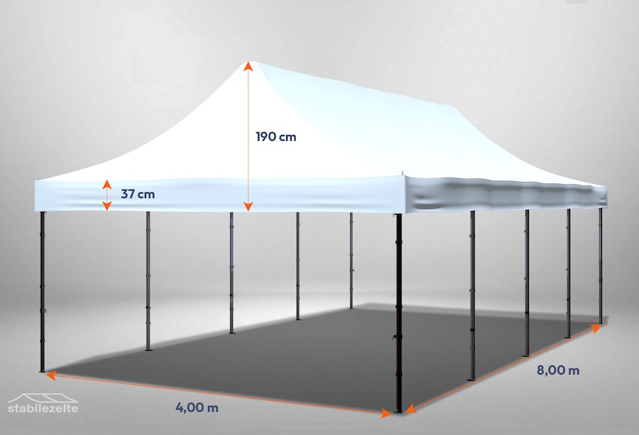 Faltpavillon 4 x 8m ohne Seitenteile mit Bemaßung