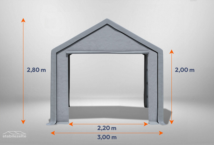 Graues Giebelteil mit großer Tür 3m für Partyzelte der Modular Serie mitsamt Bemaßung
