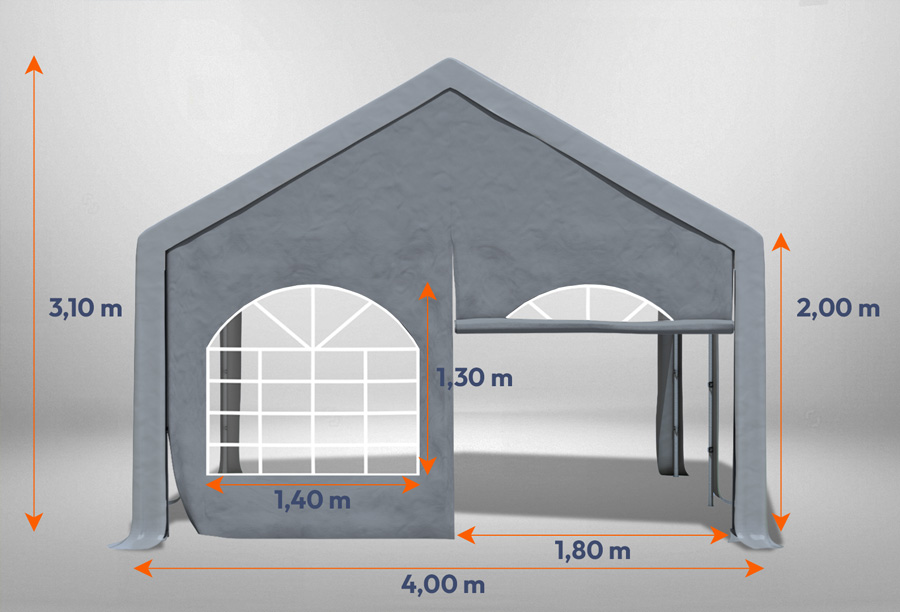 Graues Giebelteil mit Fenster und Tür 4m für Partyzelte der Modular Serie mitsamt Bemaßung