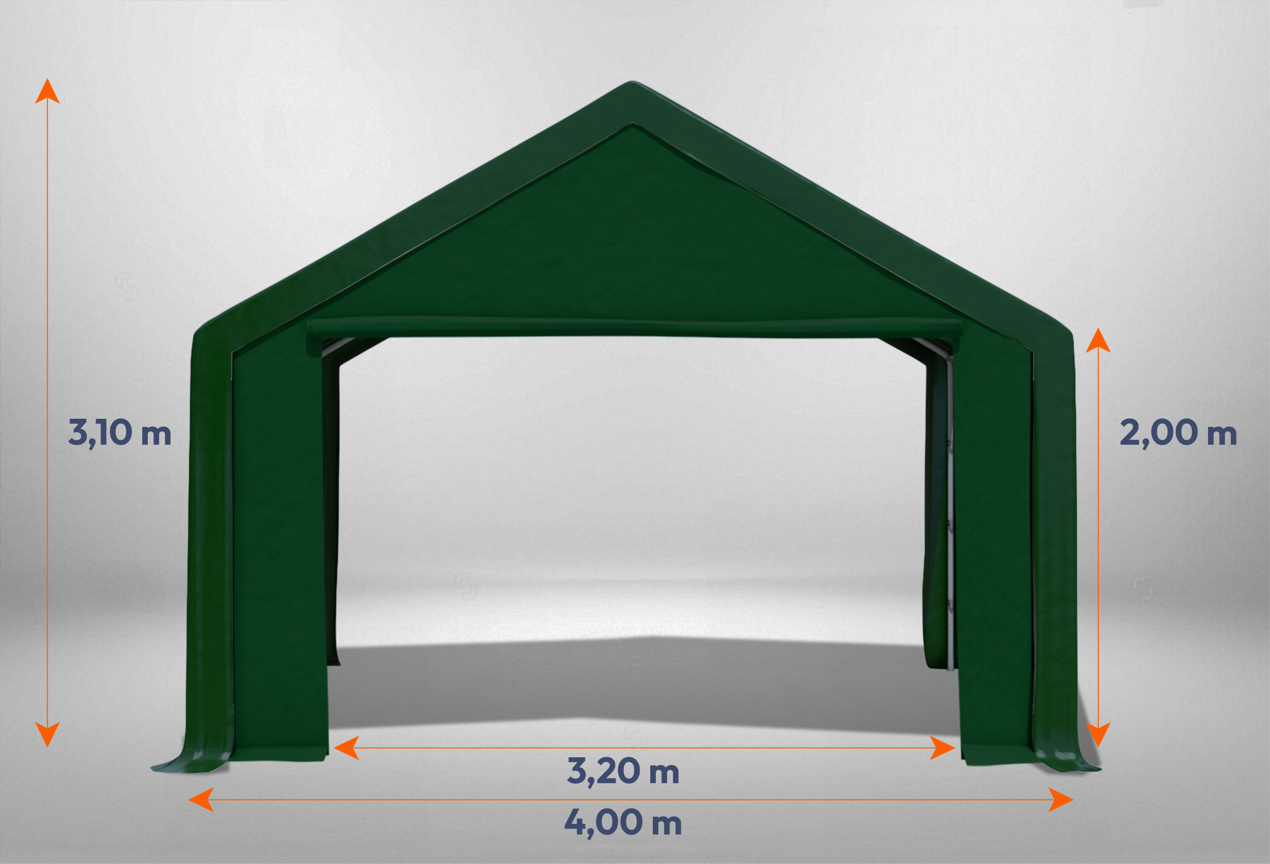 Grünes Giebelteil mit großer Tür 4m für Partyzelte der Modular Serie mitsamt Bemaßung
