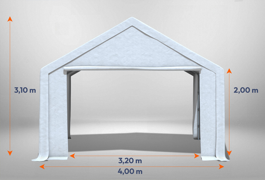Weißes Giebelteil mit großer Tür 4m für Partyzelte der Modular Serie mitsamt Bemaßung