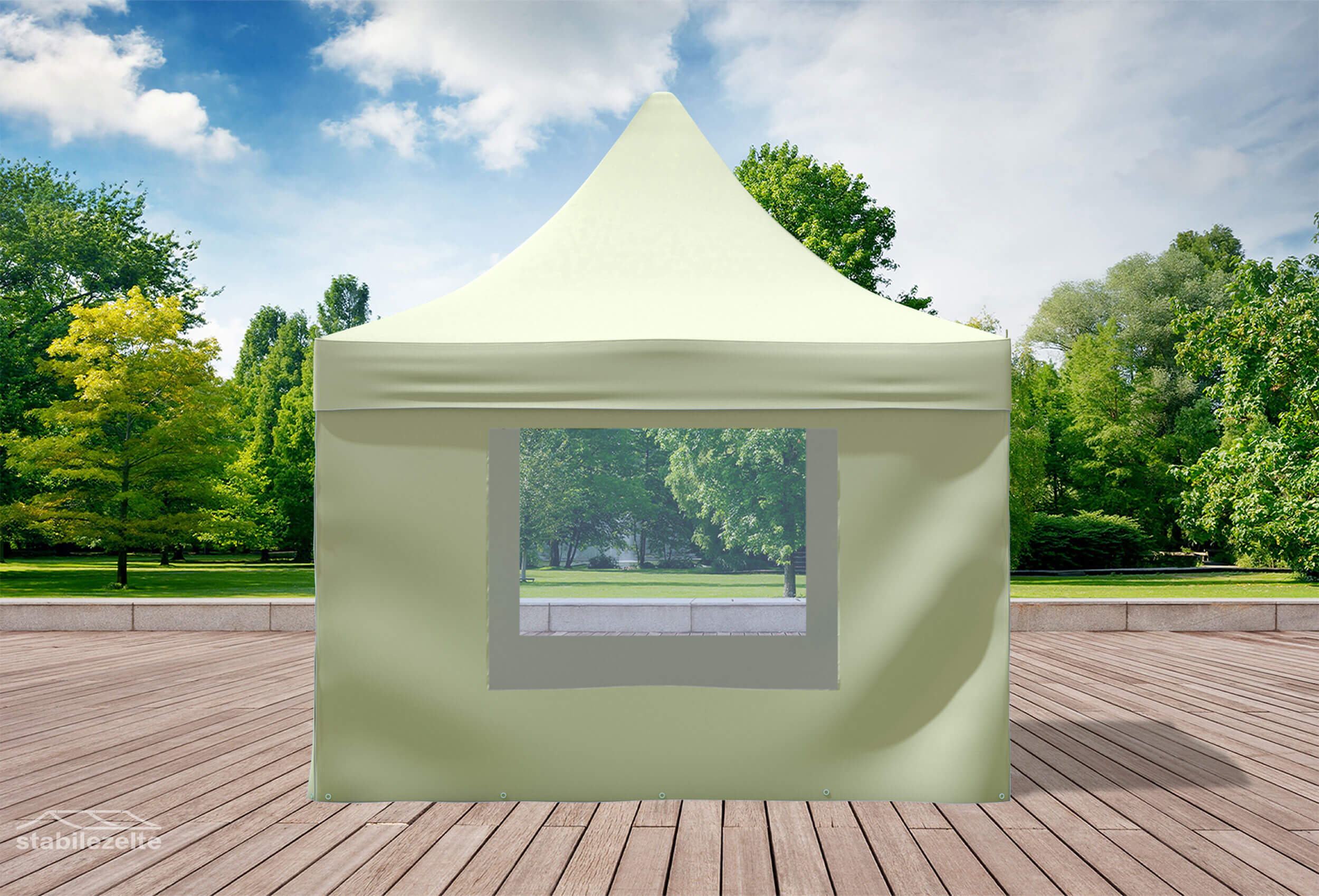 Beiger Faltpavillon mit Fenster 3 x 3m in einem Park