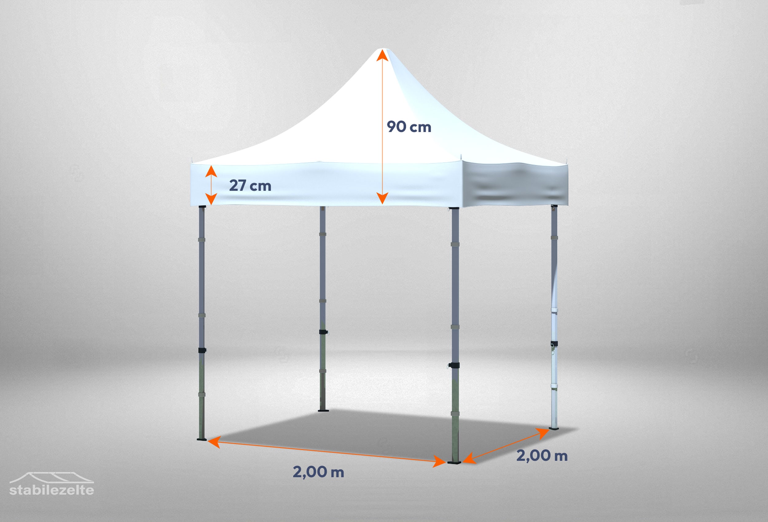 Weißer Faltpavillon ohne Seitenteile 2 x 2m mit Bemaßung