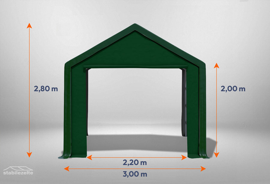 Grünes Giebelteil mit großer Tür 3m für Partyzelte der Modular Serie mitsamt Bemaßung