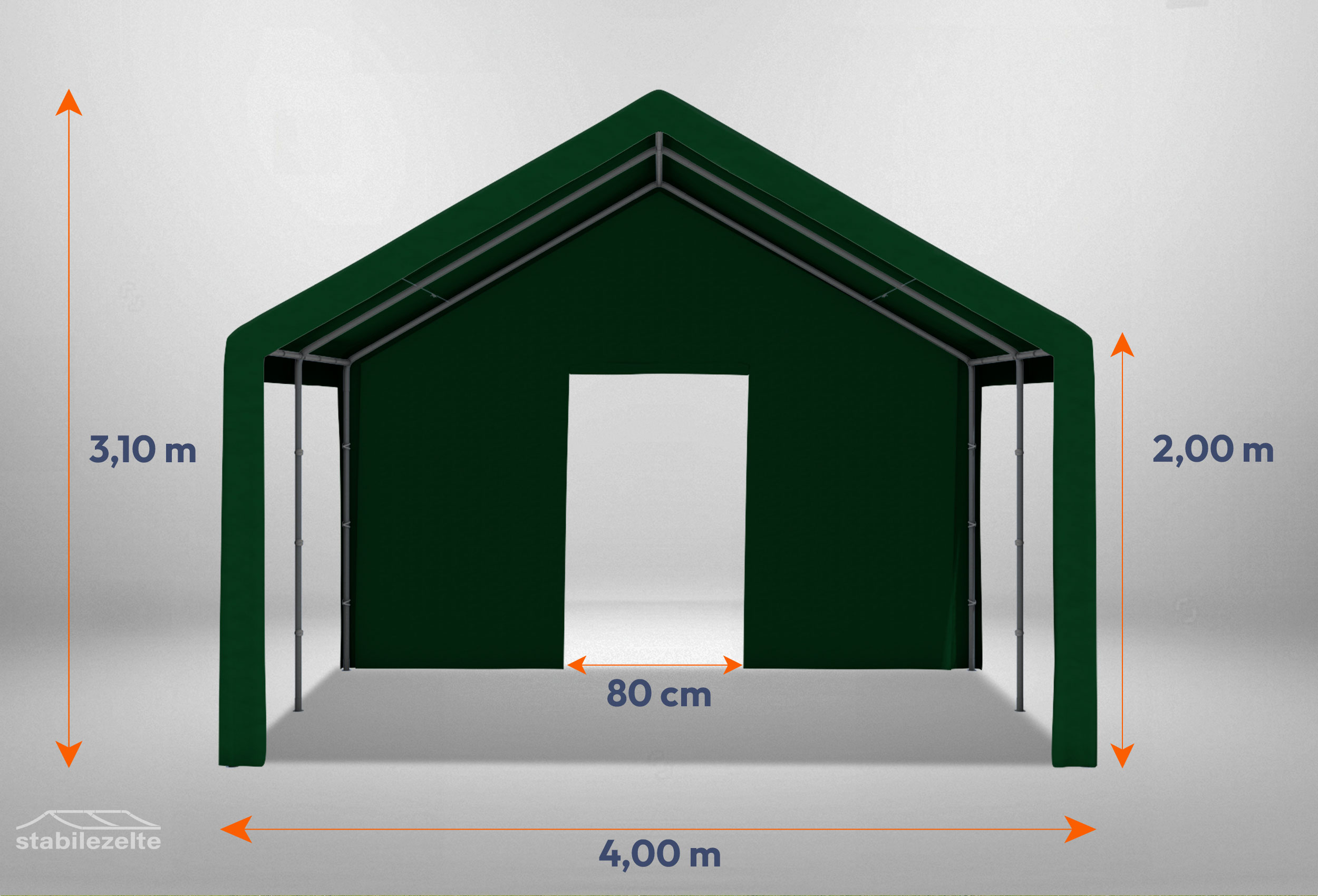 Grünes Giebelteil mit kleiner Tür der Serie Classic mit 4 m Breite