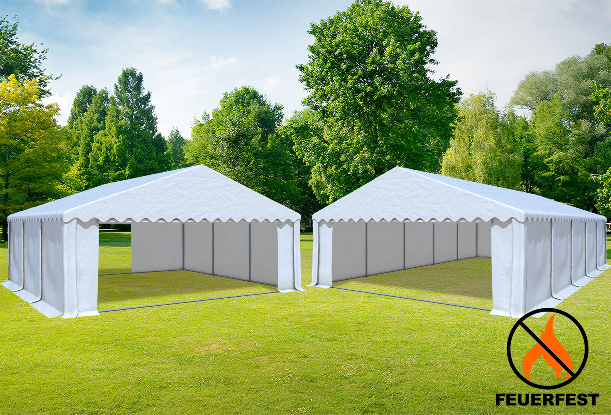 6x10 m 2in1 Kombizelt mit extra 6x6 m Dach, PVC feuersicher weiß