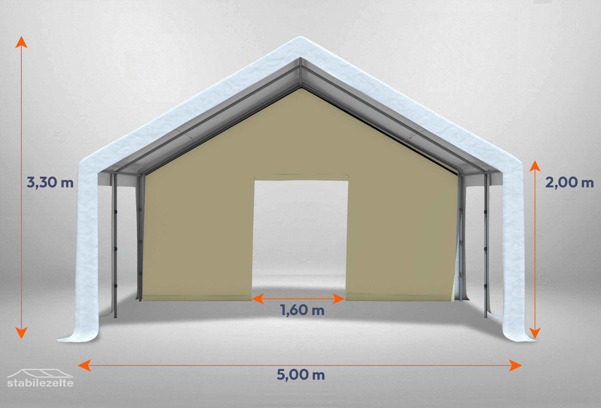 Beiges Giebelteil mit kleiner Tür 5m für Partyzelte der Modular Serie mitsamt Bemaßung