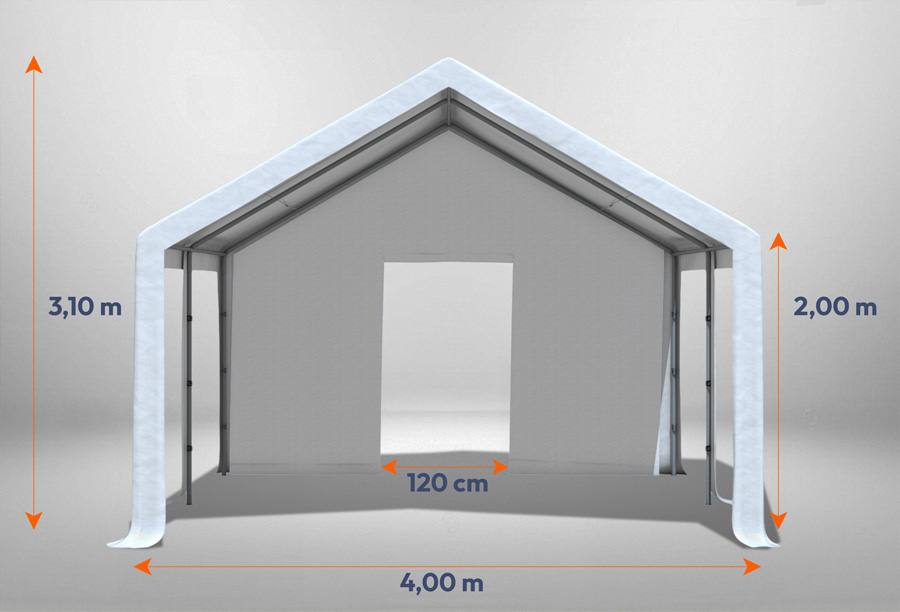 Weißes Giebelteil mit kleiner Tür 4m für Partyzelte der Modular Serie mitsamt Bemaßung