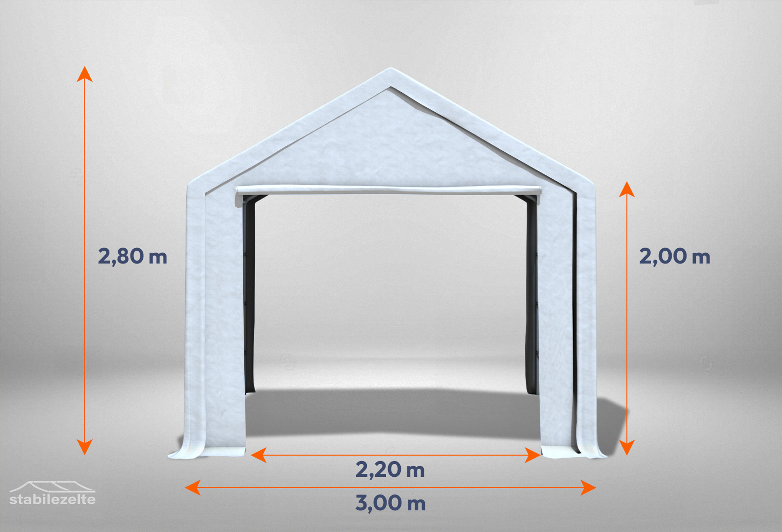 Weißes Giebelteil mit großer Tür 3m für Partyzelte der Modular Serie mitsamt Bemaßung
