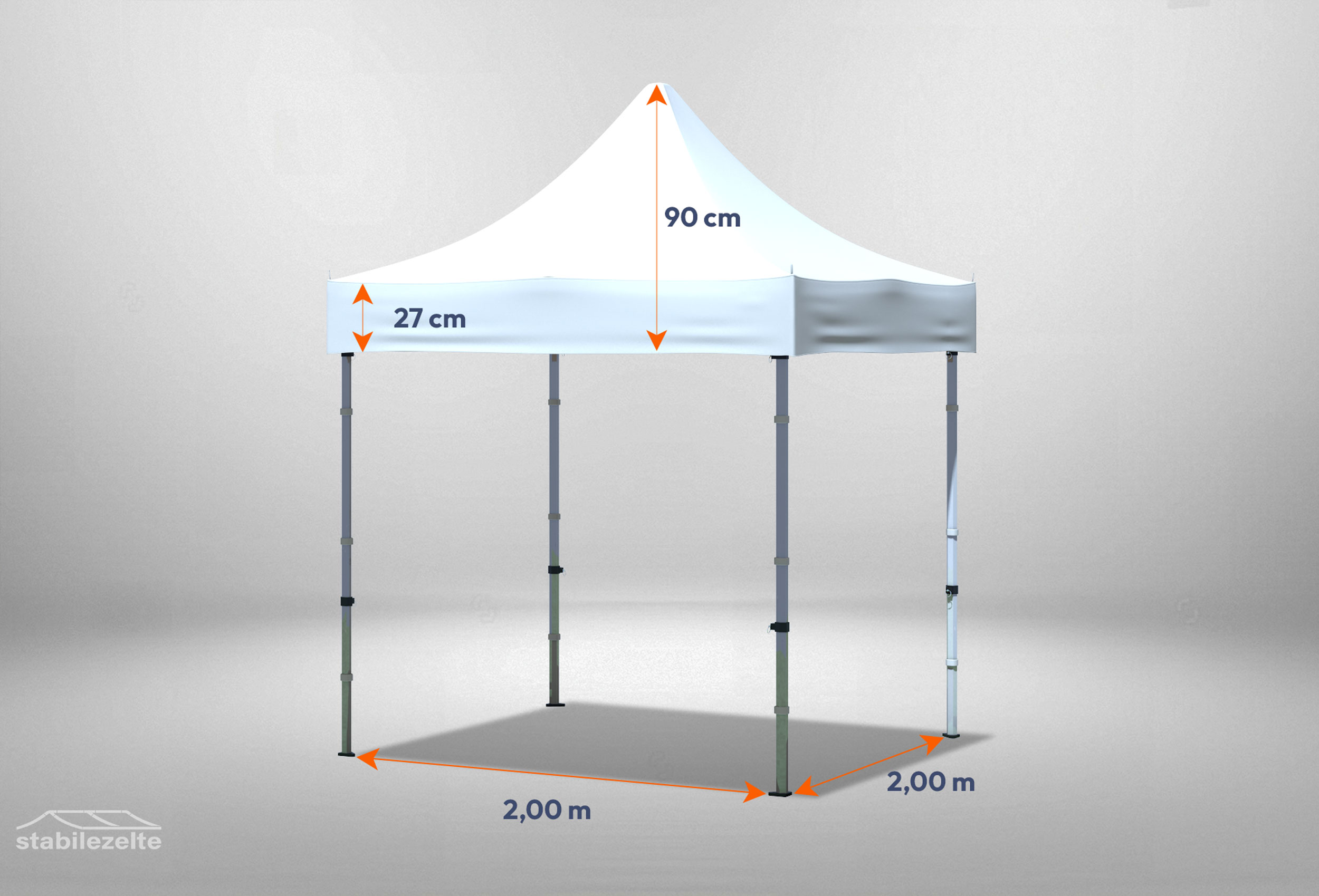 Weißer Faltpavillon ohne Seitenteile 2 x 2m mit Bemaßung