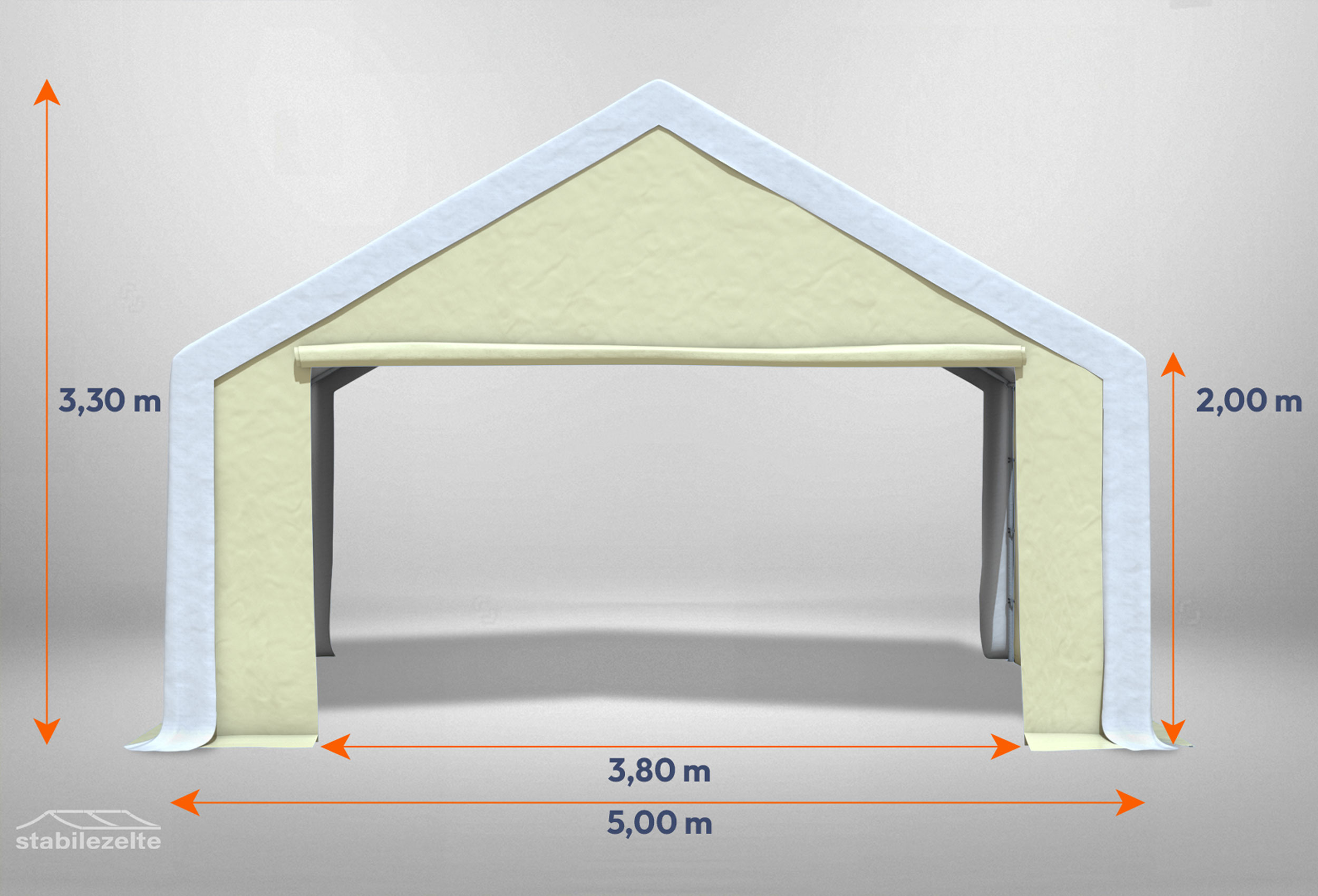 Beiges Giebelteil mit großer Tür 5m für Partyzelte der Modular Serie mitsamt Bemaßung