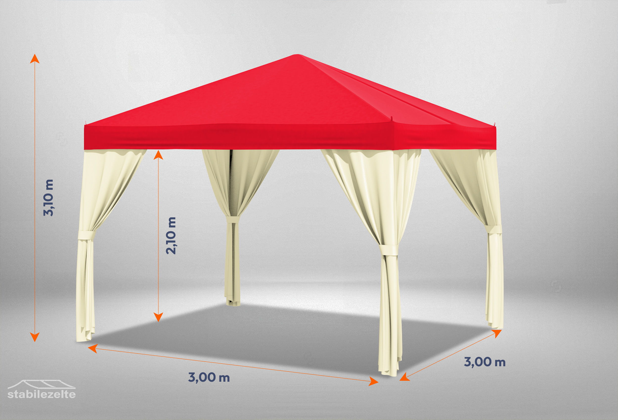 Roter Gartenpavillon Sahara 3m x 3m mit Bemaßung