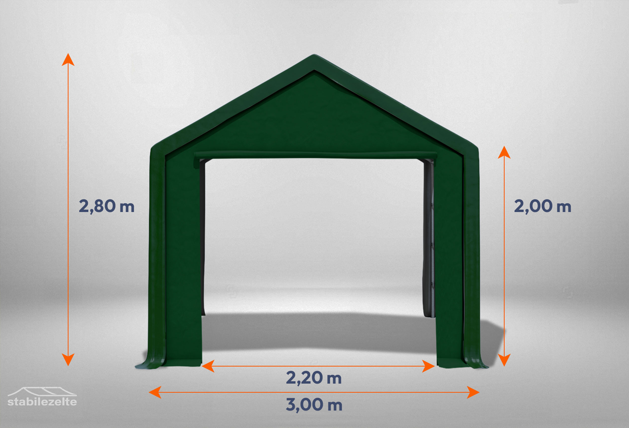 Grünes Giebelteil mit großer Tür 3m für Partyzelte der Modular Serie mitsamt Bemaßung