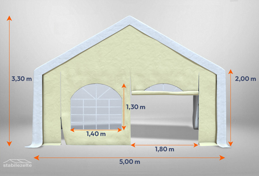 Beiges Giebelteil mit Fenster und Tür 5m für Partyzelte der Modular Serie mitsamt Bemaßung