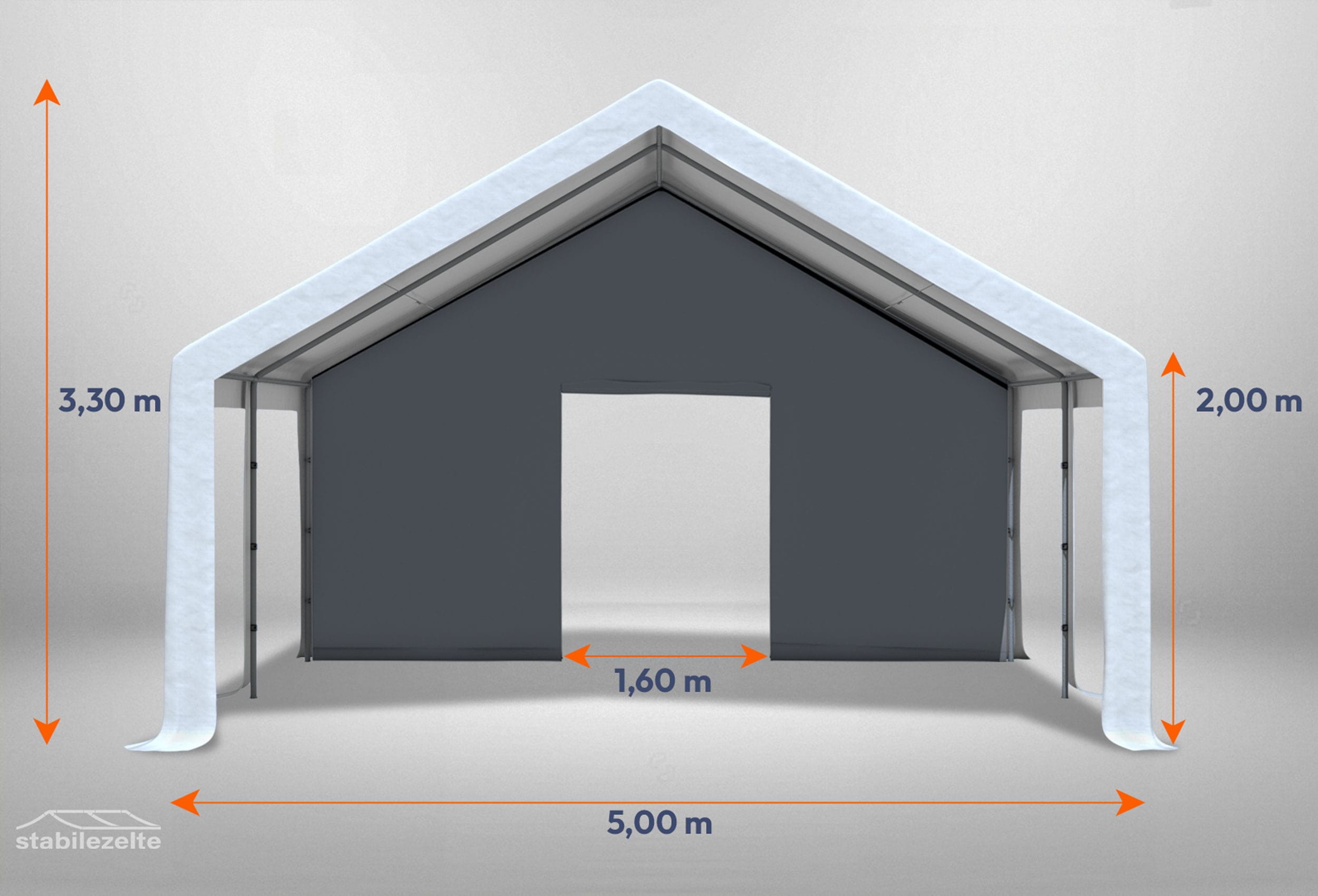 Graues Giebelteil mit kleiner Tür 5m für Partyzelte der Modular Serie mitsamt Bemaßung