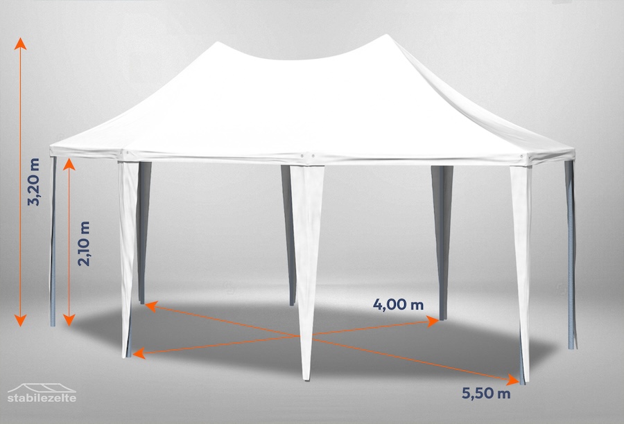 Weißer Gartenpavillon der Serie Arabica 4m x 5,5m ohne Seitenwände mit Bemaßung