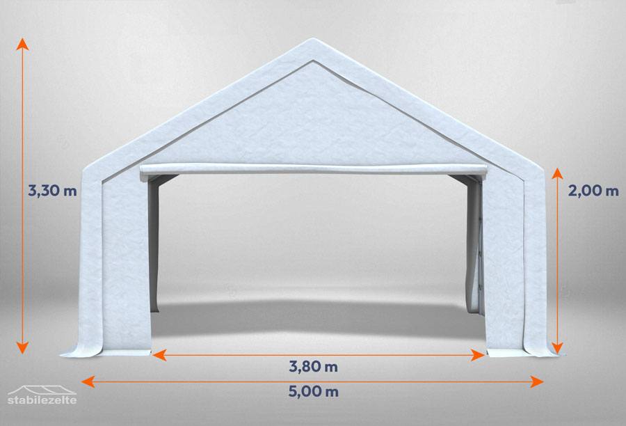 Weißes Giebelteil mit großer Tür 5m für Partyzelte der Modular Serie mitsamt Bemaßung