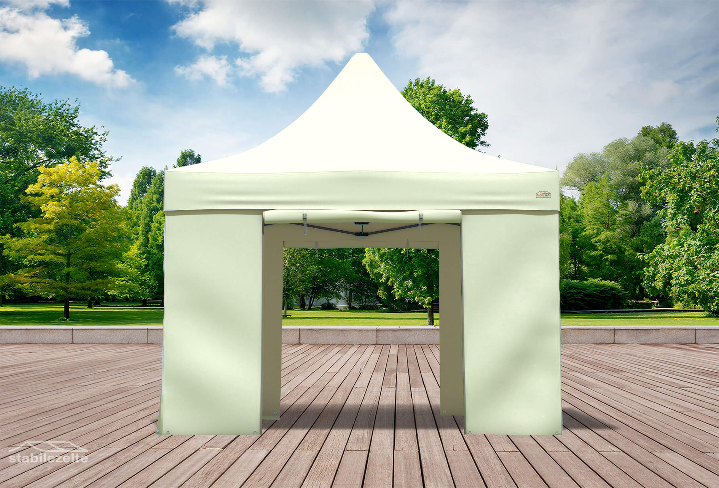 Beiger Faltpavillon mit geöffneten Türen 3 x 3m in einem Park