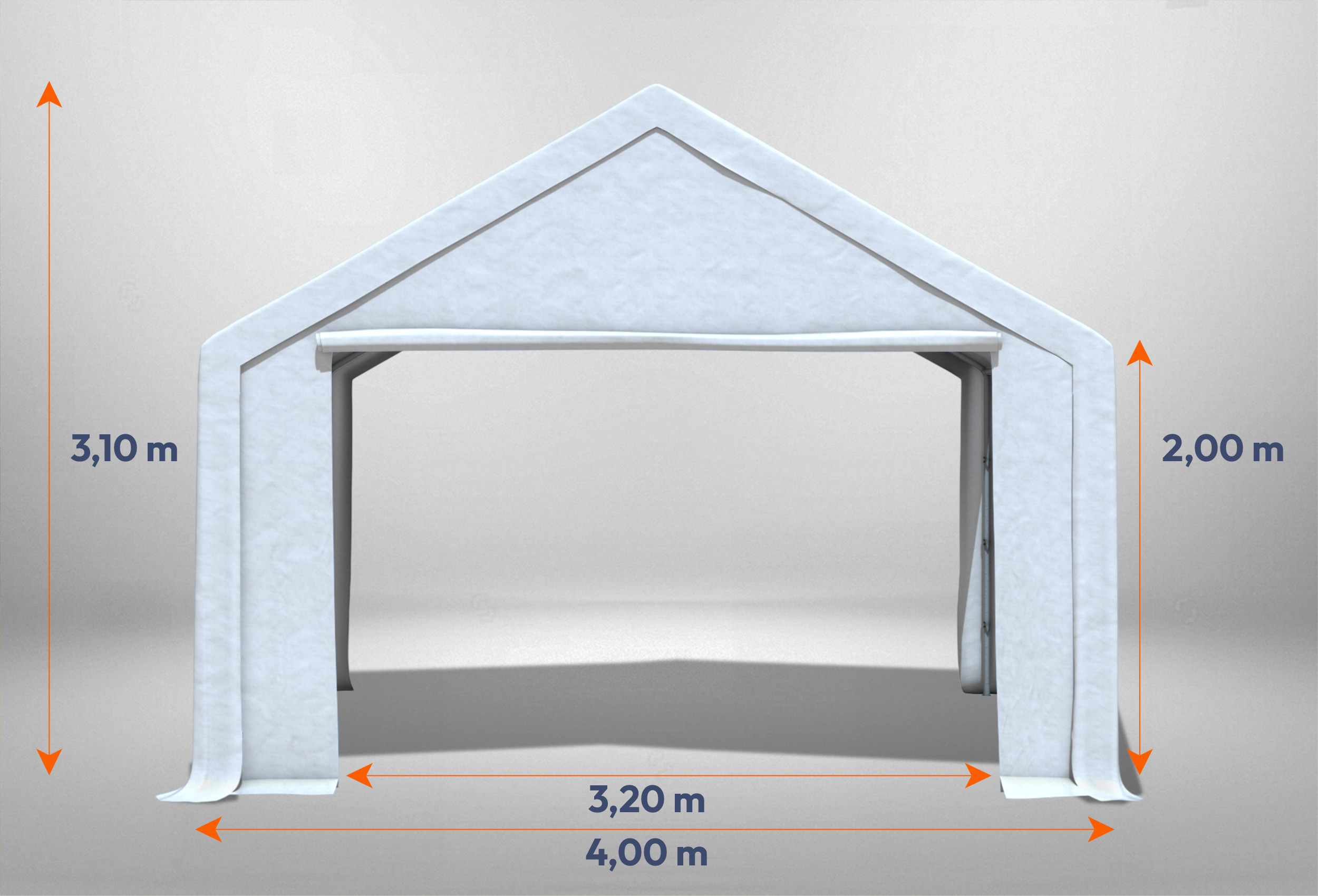 Weißes Giebelteil mit großer Tür 4m für Partyzelte der Modular Serie mitsamt Bemaßung