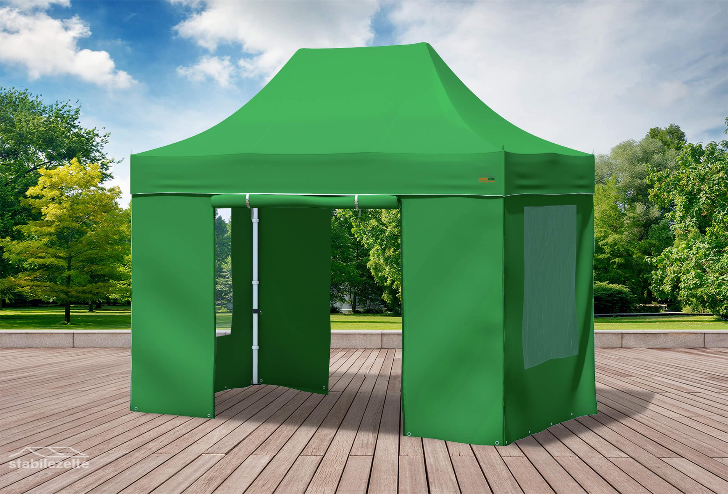 Grüner Faltpavillon mit Fenster und Türen 3 x 2m in einem Park