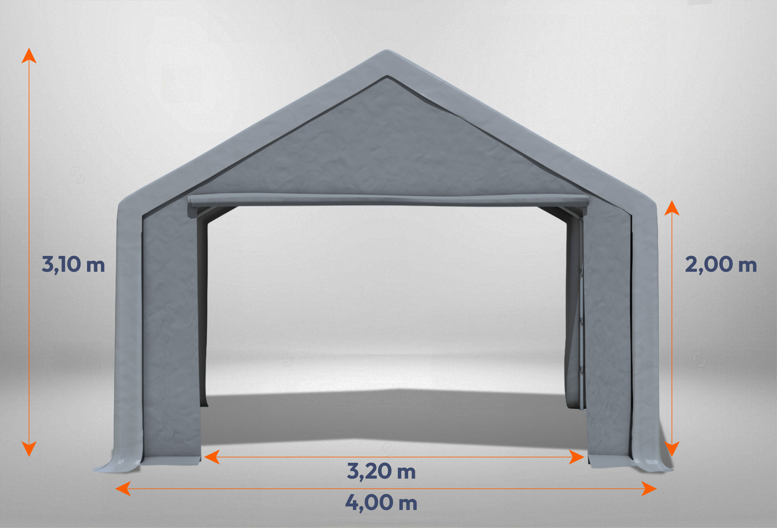 Graues Giebelteil mit großer Tür 4m für Partyzelte der Modular Serie mitsamt Bemaßung