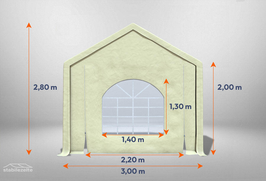 Beiges Giebelteil mit Fenster und Tür 3m für Partyzelte der Modular Serie mitsamt Bemaßung