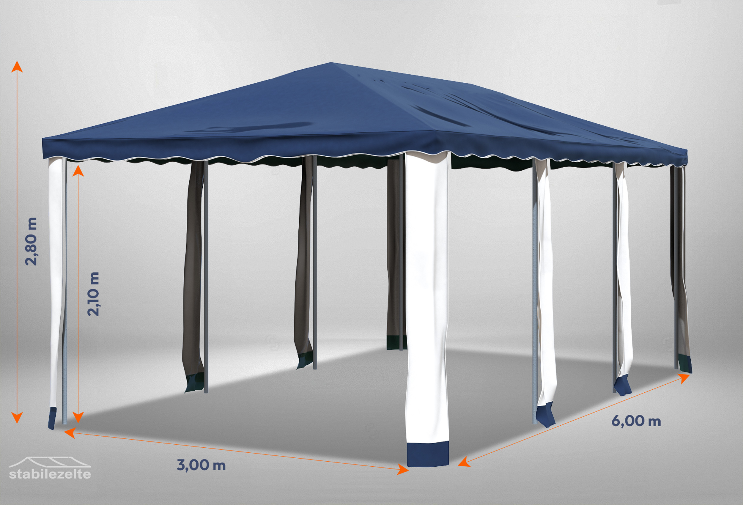 Blauer Gartenpavillon Deluxe 3m x 6m mit Bemaßung