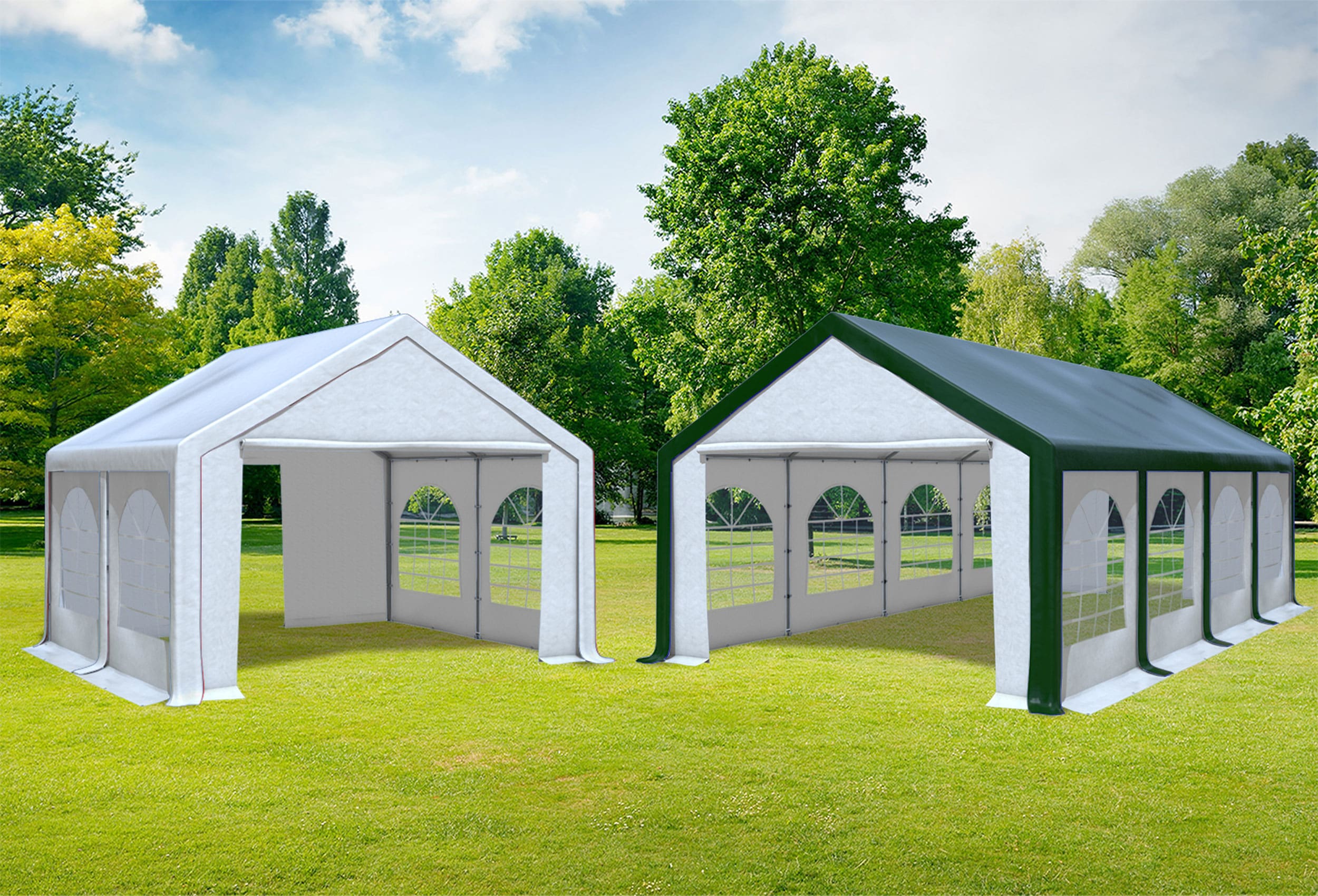 4x8 m 2in1 Kombizelt mit extra 4x4 m Dach, PVC grün weiß