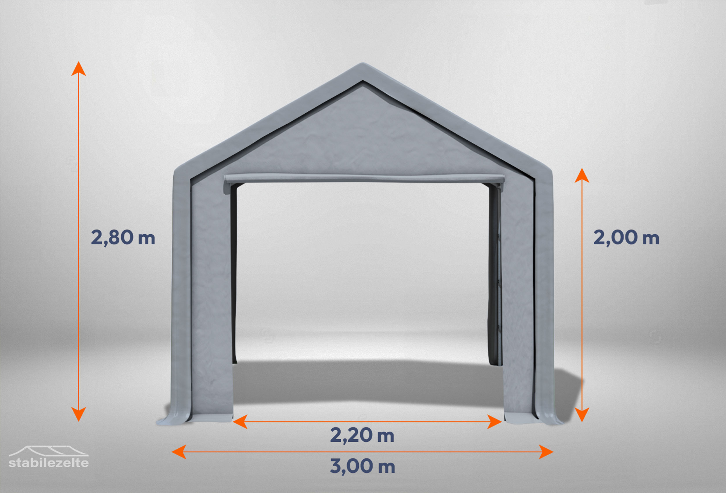 Graues Giebelteil mit großer Tür 3m für Partyzelte der Modular Serie mitsamt Bemaßung