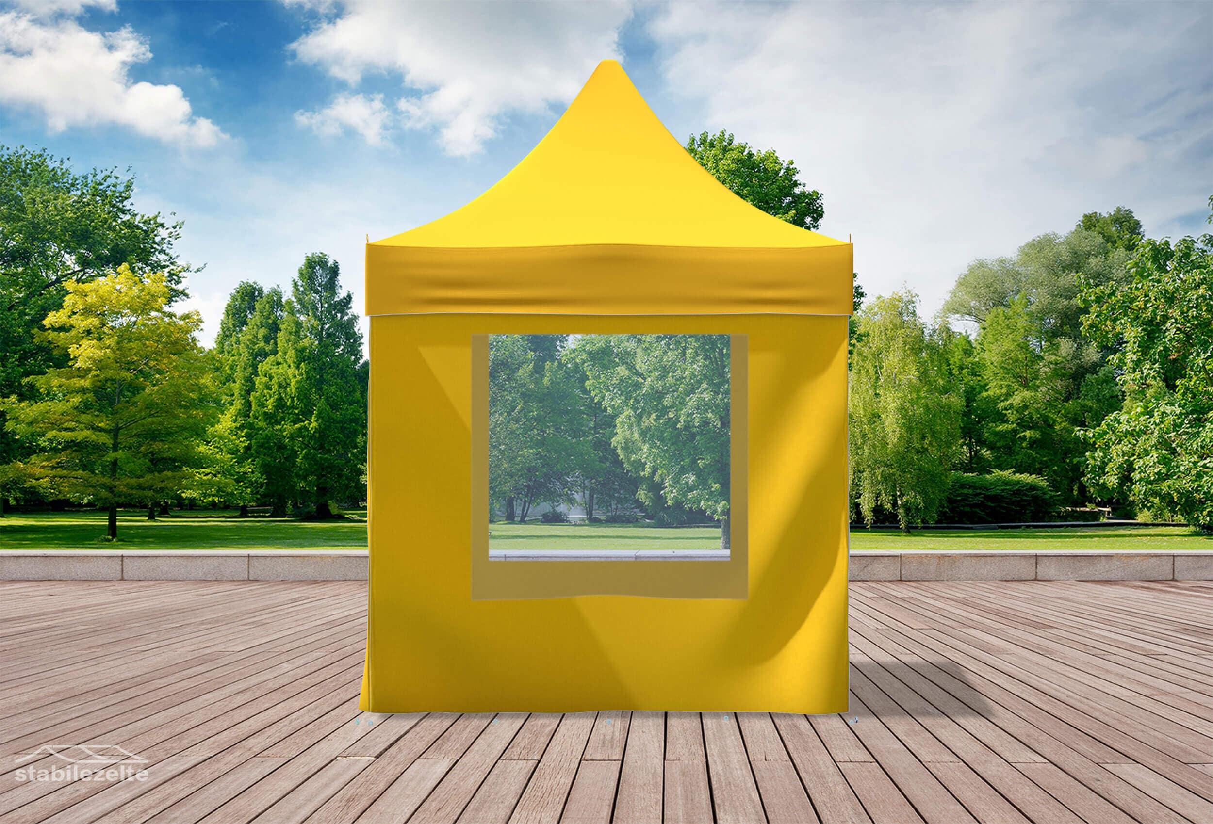 Gelber Faltpavillon mit Fenstern 2 x 2m in einem Park