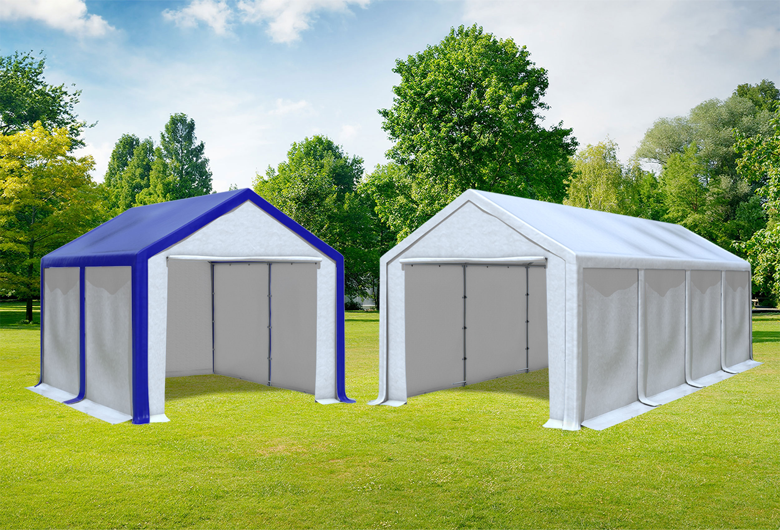 3x8 m 2in1 Kombizelt mit extra 3x4 m Dach, PVC weiß blau