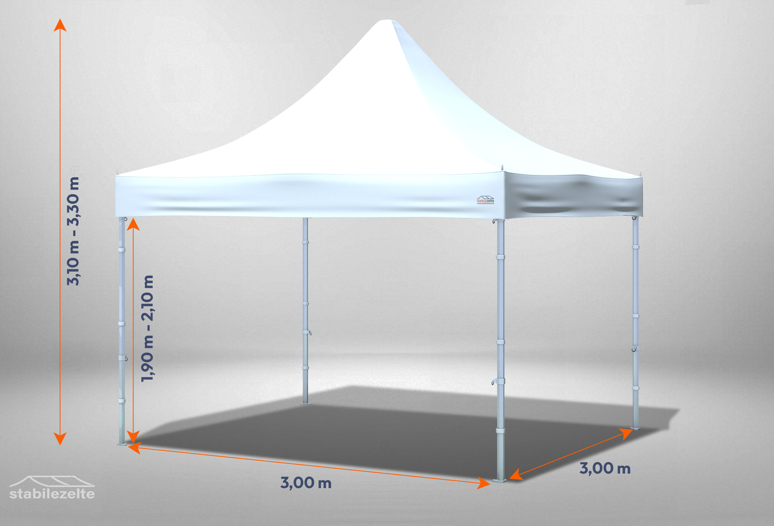 Weißer Faltpavillon ohne Seitenteile 3 x 3m mit Bemaßung