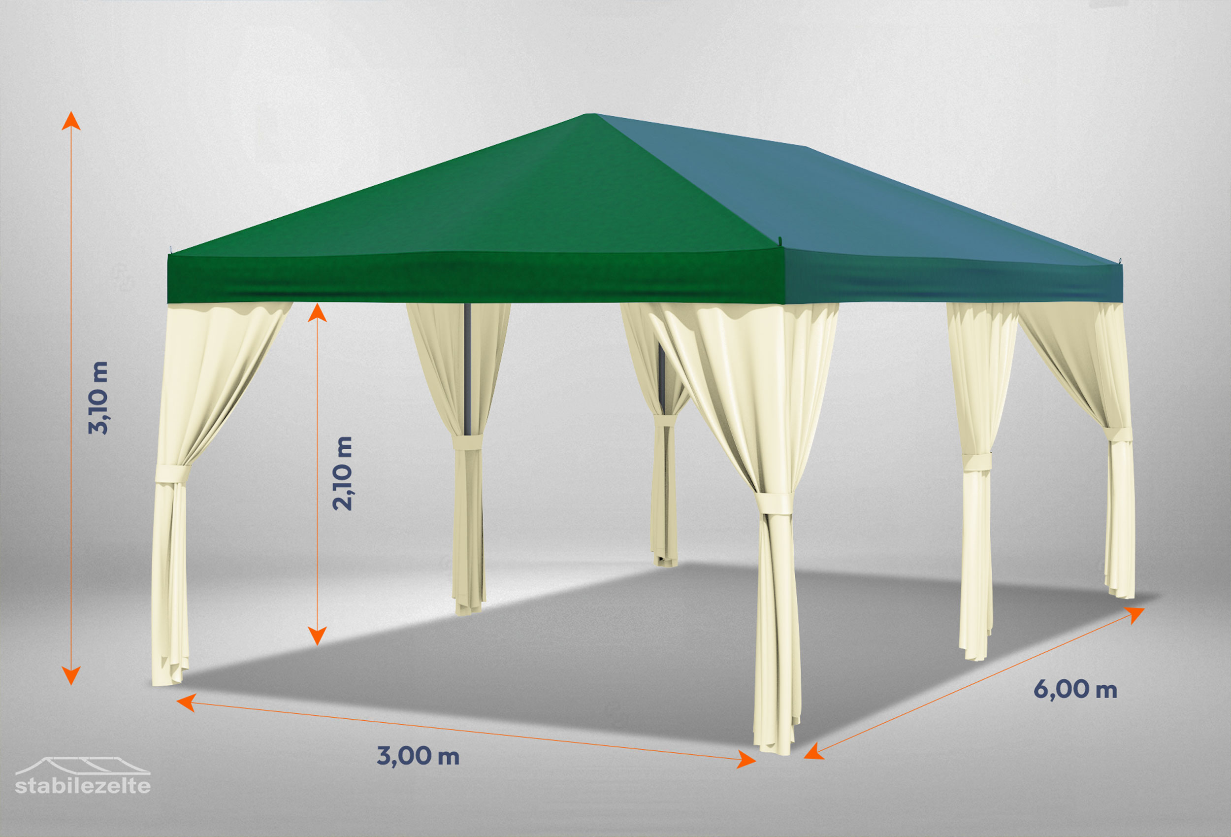 Grüner Gartenpavillon Sahara 3m x 6m mit Bemaßung