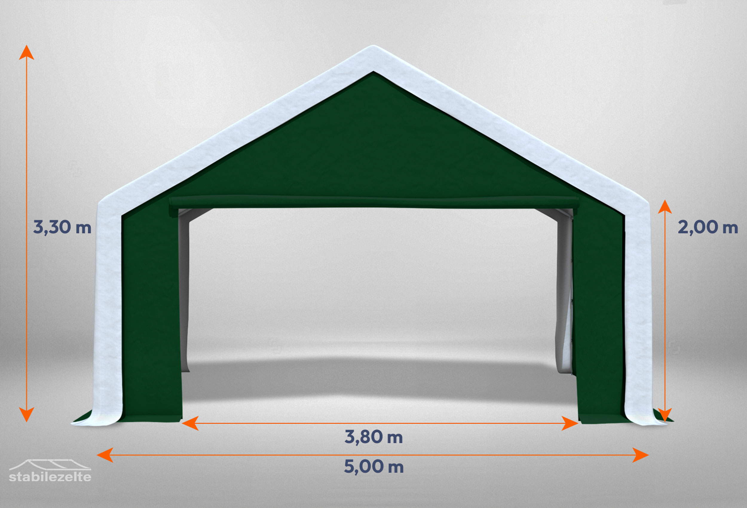 Grünes Giebelteil mit großer Tür 5m für Partyzelte der Modular Serie mitsamt Bemaßung