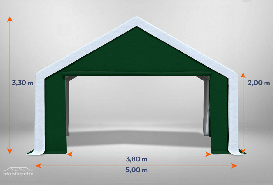 Grünes Giebelteil mit großer Tür 5m für Partyzelte der Modular Serie mitsamt Bemaßung