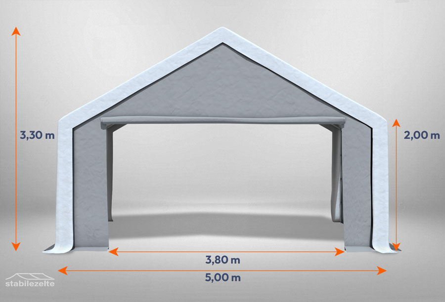 Graues Giebelteil mit großer Tür 5m für Partyzelte der Modular Serie mitsamt Bemaßung