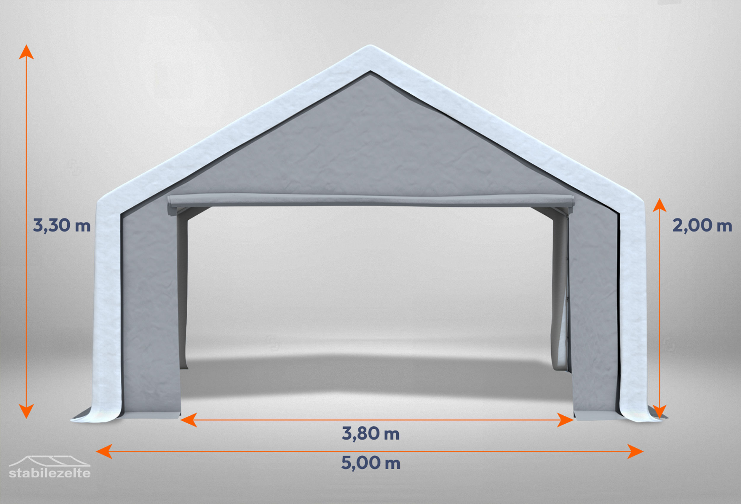 Graues Giebelteil mit großer Tür 5m für Partyzelte der Modular Serie mitsamt Bemaßung